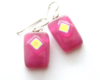 Rose  Pink Lovelies - Sweet Fuschial Fused Glass Drop Earrings - Think Pink - Azalea Pink -