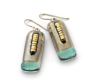 Bronze and Aqua Tint Fused Glass Earrings - Pale Ocean Glass - Soft Seashore Luminous  Glass Drop Earrings - Sterling Silver