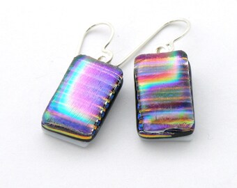 Midnight Rainbow - Fused Glass Earrings - Shimmering Metallic Abstract Rainbow  overRippling Black - Dichroic Glass - Sterling Silver  Wires