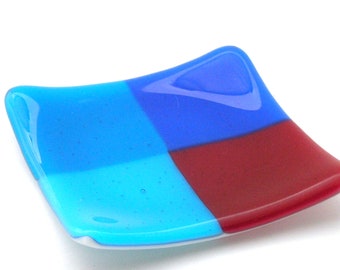 4 Square Ring Dish  .  Coral, Cobalt, Sky Blue and A Cyan Blue - Fused Glass Decor - Colorful Ring Dish Gift - Petite Dish