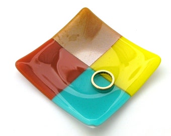 4 Square Ring Dish  . Yellow, Aqua, Coral and Caramel - Fused Glass Decor - Autumn Colors - Ring Dish Gift - Petite Dish