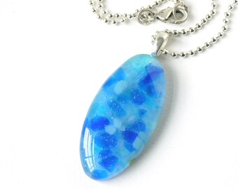 Ocean Blues Oval Pendant - Variegated Blues Glass Oval Pendant  on Silver Chain - Electric Blue - Sky Blue - Blues Collage - Feeling Blue