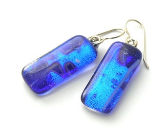 Brilliant Evening Sky Drop Earrings - Fused Glass Earrings  - Cobalt Blue Dichroic Glass -Abstract Forms - Midnight Blue - Clear Winter Blue