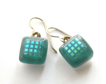 Sea Blue Drop Earrings - Modern Minimalist  - Small but Mighty - Aqua Grey Glass Earrings  - Cedar Green Jewelry - Petite Fused Glass Drops