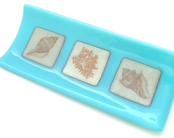 Seashell Plate - Vintage Seashells  -  Aqua Fused Glass with Vintage Shell Prints