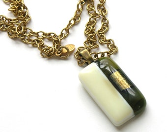 Ivory and Soft Moss Green Fused Glass Necklace - Abstract Minimalist Pendant - Minimalist Talisman Pendant on Gold Chain with  Gold Inset