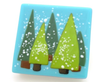 Winter Trees Wall Plaque - Fused Glass Fir Trees in Snow - Winter Decor - Minimalist Holiday - Winter Wonderland