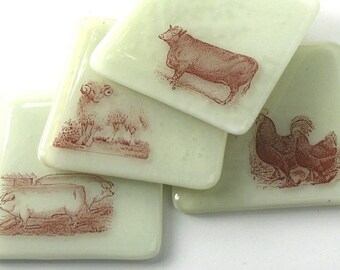 Fused Glass Coaster Set Vintage Farm - Ram - Rooster - Swine - Pigs -Hogs -  Bull - Farmhouse Style - 4 coasters in Set