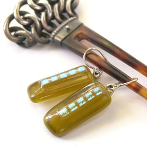 Chartreuse Fused Glass Earrings - Amber Green  - Simple Elegance -  Golden Green Shimmering Drop Earrings - Sterling Silver - Antique Bronze