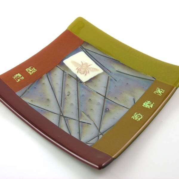 Autumn Art Glass Plate - Iridescent Chopsticks Glass - Vintage Bee Graphic - Autumn Wedding -  Golden Green Decor