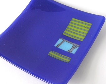 Bright Modern Dish - Rich Royal Blue - Reactive Glass Inclusions - Spring Green - Kiln formed - 8" Square - Cyan and Lilac