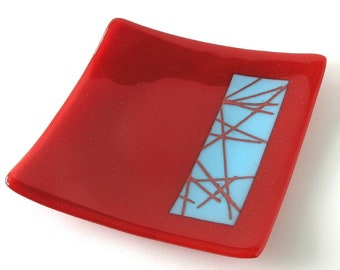 Deep Rich Red Modern Abstract Platter - Reactive Glass  - Scarlet Kiln formed - 8" Square - True Red and Cyan - Fused Glass Home Decor