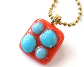 Pop Art Fused Glass Pendant - Colorful Bright Tangerine with Turquoise Pendant on Gold Chain - Reactive Glass - Op Art