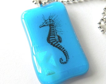 Spiny Sea Horse Pendant Necklace - Vintage Graphic under Fused Glass - Silver Ball Chain