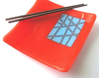 Bright Modern Dish - Abstract Tangerine and Blue - Reactive Glass - Kiln formed - 8" Square - Tangerine , Cyan and Lilac