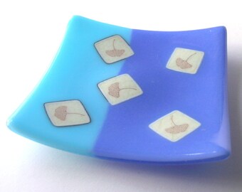 Ginkgo Leaf Plate - Gingko Leaves - Fused Glass Decor - Ocean & Sky Blue Dish - 6x6 Hostess Gift -  Maidenhair Tree Leaf