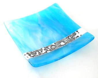 Ocean in Winter  - Modern Dish - 8" Square - Transparent Ocean Blue with Grey and White Reactive Glass insert  - Kiln formed - Hand Finished