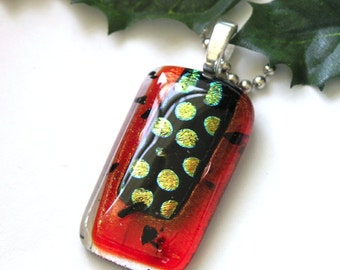 Luscious Berry Red - Fused Glass Necklace - Black & Gold Dichroic Honeycomb - Scarlet - Blood Red