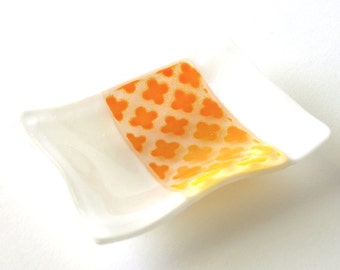 Summery White Tiny Dishes - Powder Printed Glass Treasure - 3x4" Keepsake Dish - Marigold Yellow Designss