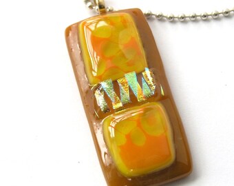 Desert Dreams - Warm Caramel & Gold Pendant - Earth Inspired Fused Glass Pendant Necklace -  Layered Dichroic Gold Triangles - Sun Yellow