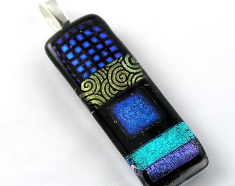 Midnight Blues Pendant - Cobalt, Gold and Black Pendant Fused Glass Pendant . Gold Spirals and Large Blue Square