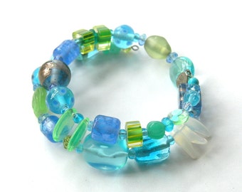 Ocean Blue Wrap Bracelet - Vintage Pressed Glass Beads  - Lamp work beads - Faceted Crystal Beads