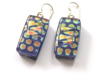 Fantasy Tiger - Purple Covered in Gold Dots  Fused Glass Drop Earrings -  Dichroic  Earrings - Luminous Metallic Dichroic Earrings