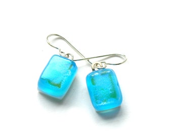 Aqua Tinies - Fused Glass Drop Earrings - OceanTurquoise Fused Glass Earrings - Petite Drop Earrings