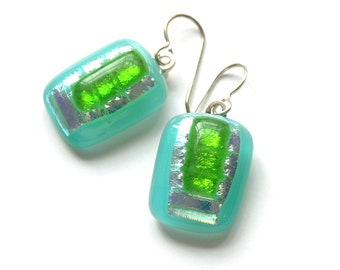 Happy Ocean - Turquoise with Gold and Luscious Peridot Green Glass - Fused Glass Earrings - Sparkling, Bright -Festive Art to Wear