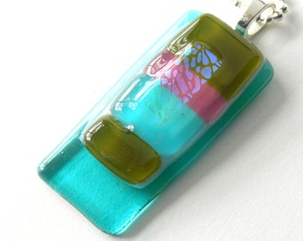 Light Turquoise Blue Glass Pendant Necklace -Tempting & Fresh -  Chartreuse and Raspberry Sorbet Pink - Secret Garden Colors