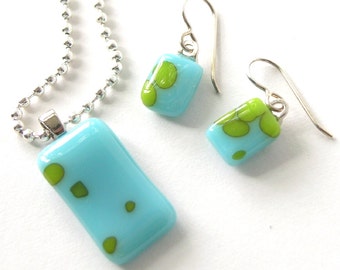 Ocean Blue & Lime pendant and tiny fused glass earrings - turquoise and bright spring green - reactive glass -  Set