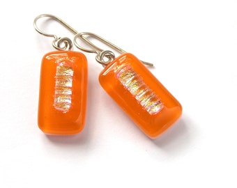 Delicious Tangerine Glass Drops - Vibrant Bight Orange - Fused Glass Earrings - Hot Summer Glow -  Brilliant Sunset Glass Earrings