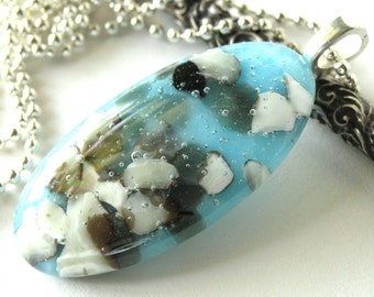 Cast Glass Aqua and Ivory Oval Pendant . Cast Fused Glass Charm on a Silver Chain . Captured Bubbles . Floating Worlds . Storm Clouds .