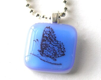 Petite Butterfly Pendant - Fused Glass Butterfly  Pendant Necklace - Light Sky Blue Pendant - Petite Pendant on Chain