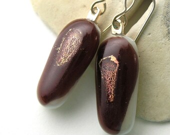 Chestnut and Copper -   Fused Glass Earrings - Autumn Woodland - Coppery Chocolate Glass Drops