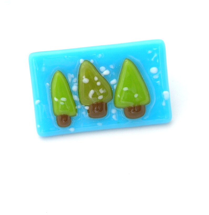 Three Tree Pin Holiday Brooch Winter Accessory Fir Trees in Snow Fused Glass Tree Brooch Lapel Pin Christmas Tree Pin image 1