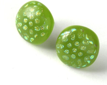 Key Lime Dots Earrings - Fused Glass Studs - Summer Fun Earrings - Bright Fused Glass Cabochons with a Scattering of Aqua Gold Dots