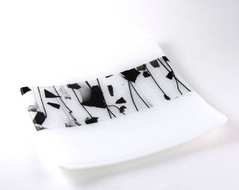 Dramatic Black and White Modern Dish - 8" Square - Snow White Dish with Abstract Black Design  - Kiln formed - Hand Finished
