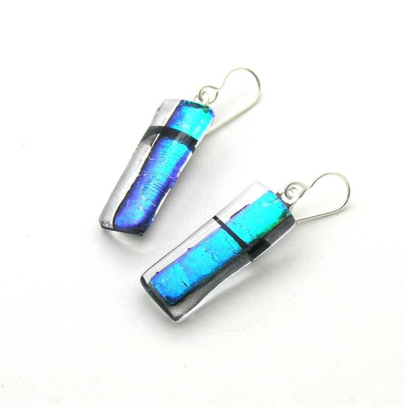 Peacock Feather Blue Fused Glass Drop Earrings Dichroic Midnight Drop Earrings Luminous Dark Sapphire Earrings Evening Sky Jewelry image 2