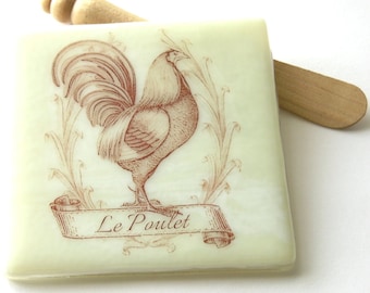 Le Poulet - - Vintage French Graphic - Paris Kitchen - Fused glass Coaster or Kitchen Tile  - Chicken