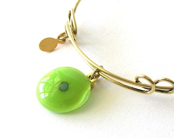 Simple Summer Bangle - New Leaf Green - Adjustable Bangle Bracelet - Reactive Glass Charm - Spring Green Glass - Fused Glass Cabochon