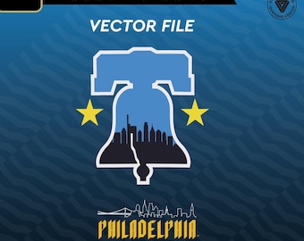 Peut inclure: Une silhouette bleue et noire de la Liberty Bell avec l'horizon de Philadelphie à l'intérieur. Deux étoiles jaunes sont de chaque côté de la cloche. Le texte "PHILADELPHIA" est sous la cloche.