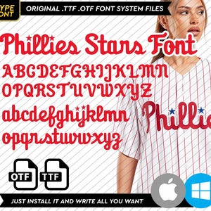 Peut inclure: Police Phillies Stars rouge avec des lettres majuscules et minuscules, des chiffres et des symboles. L'image comprend le texte "JUST INSTALL IT AND WRITE ALL YOU WANT" et des icônes pour OTF, TTF, Apple et Windows.