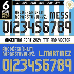 May include: A digital font set in black and gold with the text "Argentina Font 2024 .TTF and Vector" and the words "ABCDEFGHIJKLM ÑÖPQRŠTOVWHYŽ.- MESSI 0123456789 ÁBÉDÉFGHIJKLM ÑÖPQRŠTOVWHYŽ.- L.MARTINEZ 0123456789" in a blue and white striped background.