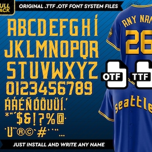 May include: A blue baseball jersey with yellow lettering and the text "Seattle". The image also displays a full font pack with letters, numbers, and symbols in a yellow, blocky font. The text "JUST INSTALL AND WRITE ANY NAME" is also visible.