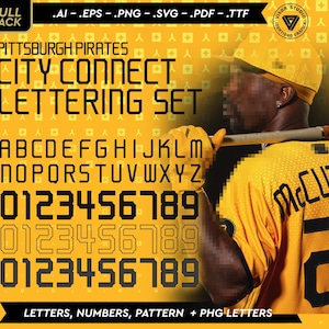 May include: A black and yellow baseball jersey with the text "McCUTE" on the back. The jersey has a pattern of small yellow squares on a black background. The image also includes a black font set with uppercase letters, lowercase letters, and numbers.