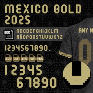 Puede incluir: Una camiseta de fútbol negra con un patrón dorado y el texto "ANY N" en la espalda. La camiseta tiene un número "0" dorado en la espalda. La imagen también incluye un conjunto de fuentes con el texto "MEXICO GOLD 2025" y el alfabeto en letras mayúsculas y minúsculas, incluidas las letras acentuadas. El conjunto de fuentes también incluye los números del 1 al 9 y un punto. El conjunto de fuentes está en un estilo pixelado.
