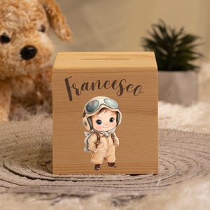 Alcancía personalizada de piloto bebé: alcancía de madera, hucha, caja de dinero | Alcancías de madera, alcancía personalizada | Regalos para niños