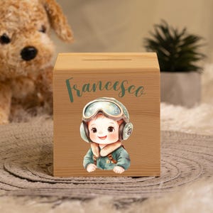 Alcancía personalizada de piloto bebé: alcancía de madera, hucha, caja de dinero | Alcancías de madera, alcancía personalizada | Regalos para niños