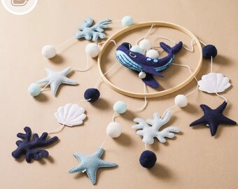 Móvil para bebé Ocean Felt: decoración de cuna y regalo de juguete para cuna para bebé, con vida marina: ballenas, tiburones, perfecto para guardería y baby shower